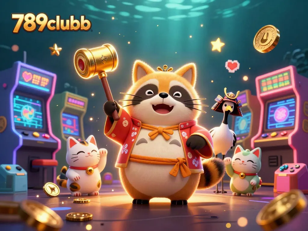 Engage with the cheerful tanuki in a vibrant 789clubb casino adventure, amidst colorful gaming elements.