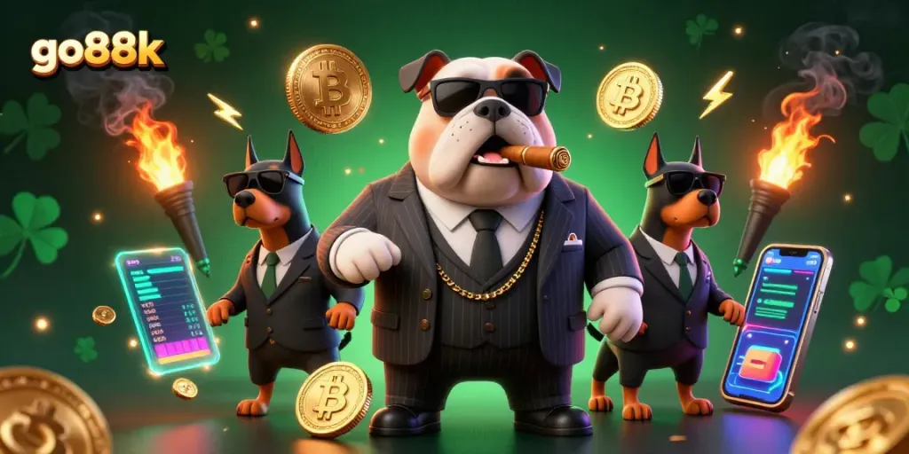 Experience thrilling crypto gambling with go88k's mafia-inspired illustration featuring dynamic casino elements.