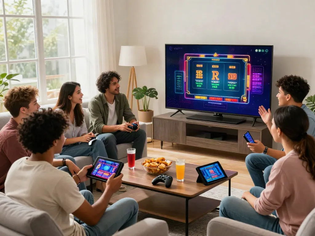 Friends enjoying a dynamic online gaming experience at nhà cái da88 in a lively living room.