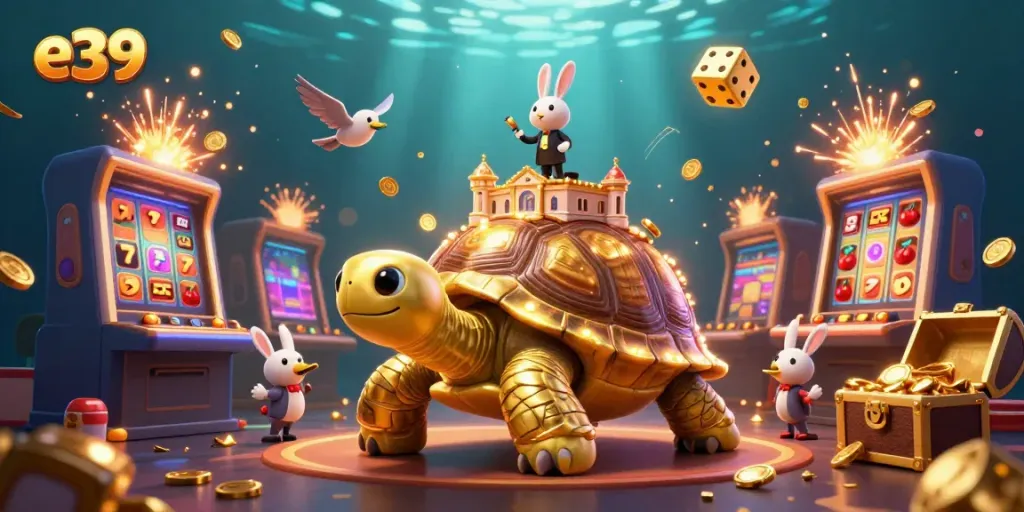 E39 features a colorful casino scene with a rabbit dealer, golden tortoise, and jackpot slot machine.