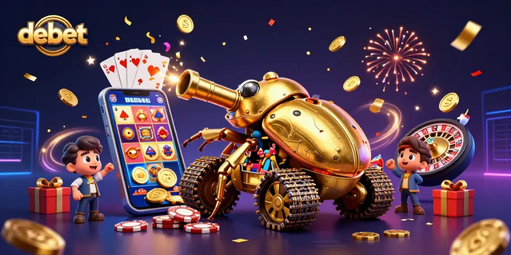 Win big with Debet's vibrant 3D casino featuring a golden beetle tank and interactive games.
