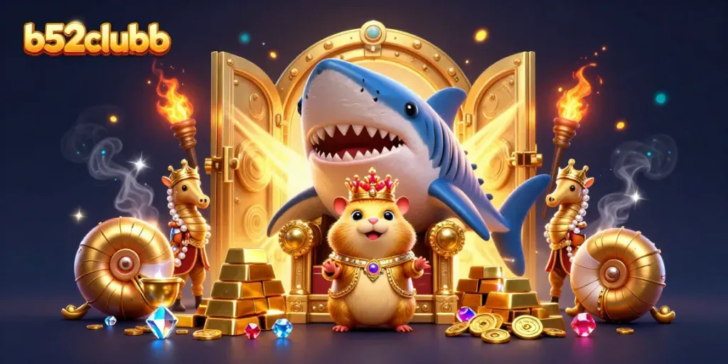 b52clubb captures the excitement of casino gaming with a golden hamster king and treasure-filled scene.