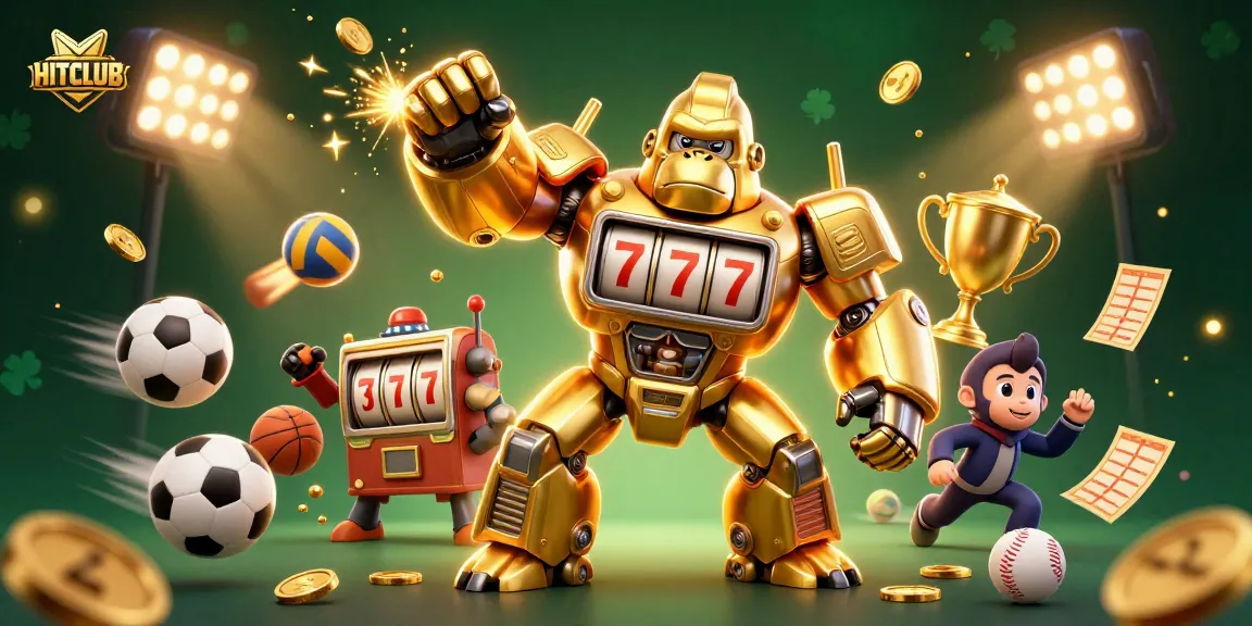 Engage with HITCLUB's action-packed gaming scene featuring a golden gorilla mech and sports balls.