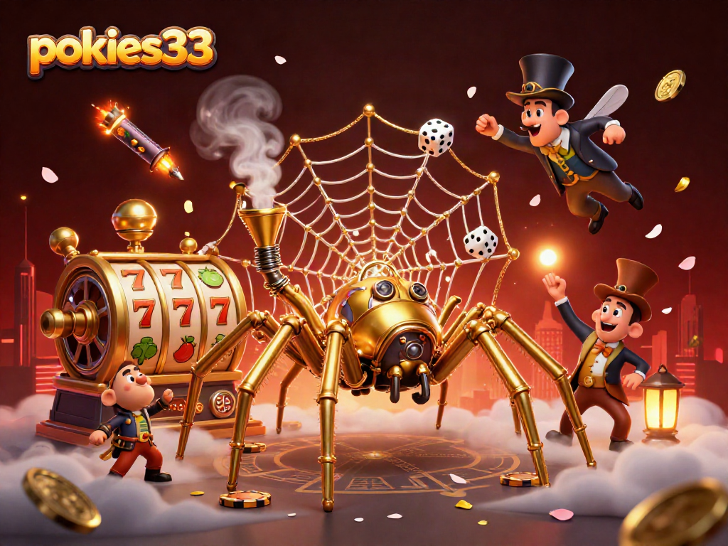 Experience pokies33 with a captivating steampunk scene featuring lucky symbols and a Victorian fly gentleman.