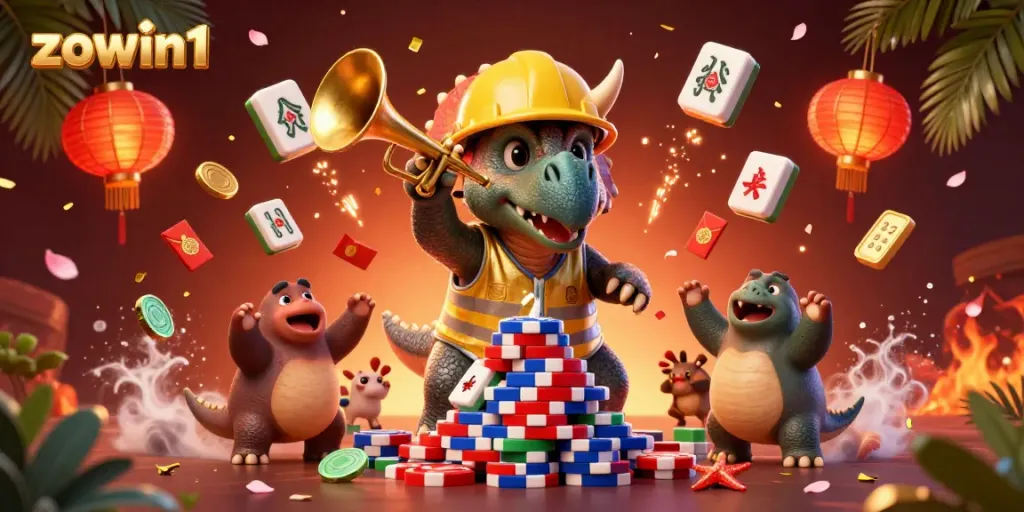 Experience thrilling wins at zowin1 with lively 3D characters celebrating a casino victory amidst colorful game elements.