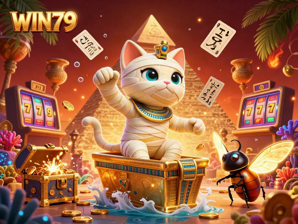Explore the exciting world of WIN79 with a vibrant casino scene featuring a cartoon mummy cat and gold treasures.