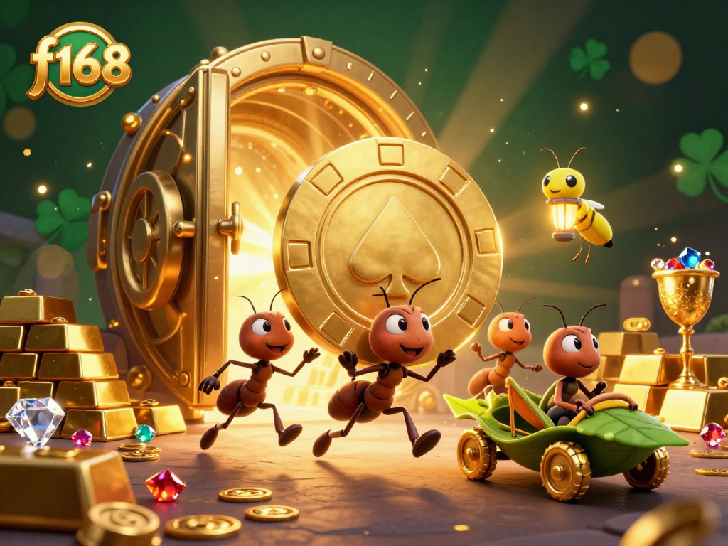 Experience the thrill of f168 with a team of cartoon ants heisting golden poker chips in this vibrant casino scene.
