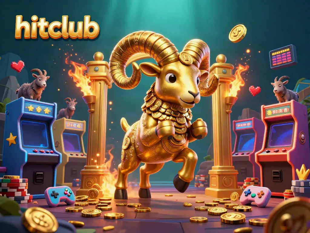 Experience the thrill of hitclub with this dynamic casino illustration featuring golden elements and arcade excitement.