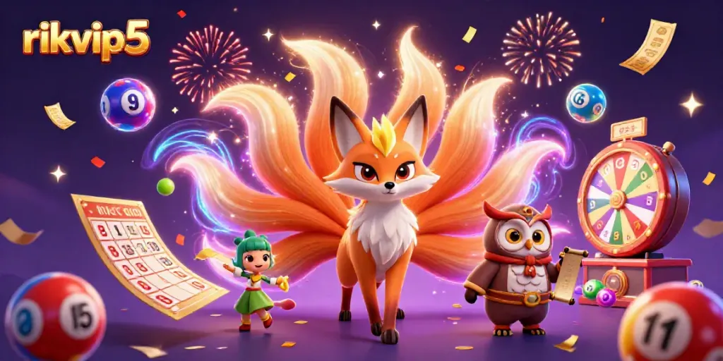 Experience the vibrant thrill of rikvip5 with a glowing nine-tailed fox and wise owl, surrounded by lottery excitement, perfect for gambling enthusiasts.