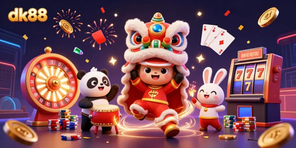 Experience the vibrant dk88 casino atmosphere with joyous characters and dynamic gaming elements.