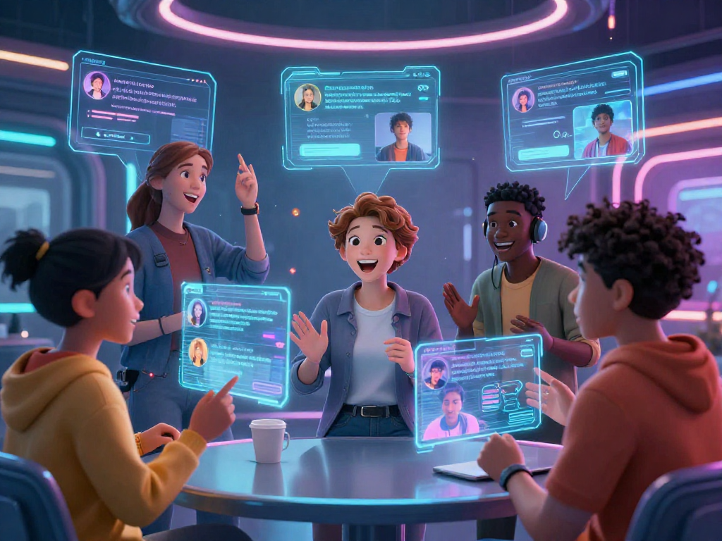 Engaging virtual chat scene of diverse avatars in AI chat porn, depicting interactive holographic conversations and vibrant animations.