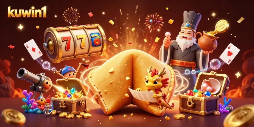 Kuwin1 showcases a vibrant gambling scene with a golden fortune cookie and dynamic casino game elements.
