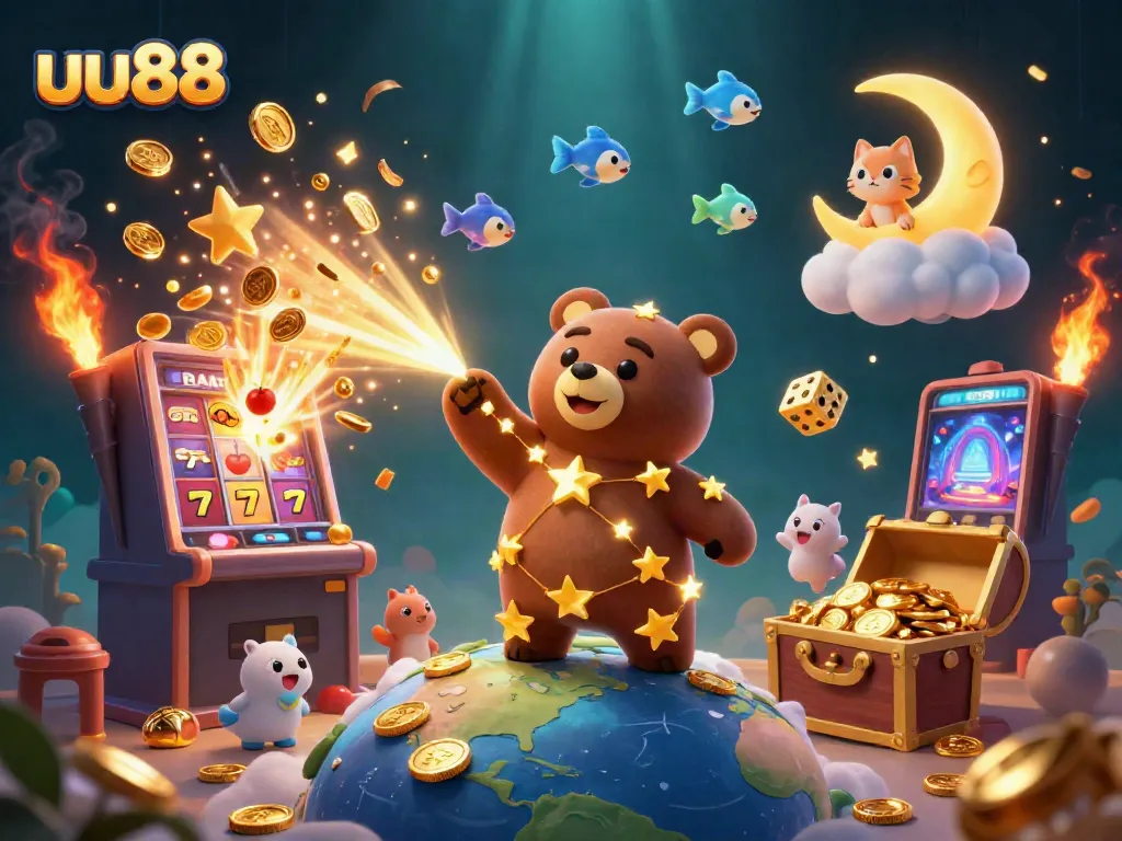 Gamble with excitement at uu88, featuring a vivid 3D scene of a jackpot explosion, stars, and winning symbols.