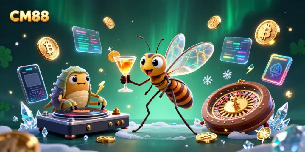 Experience the thrilling CM88 casino scene with unique characters and vibrant crypto elements.