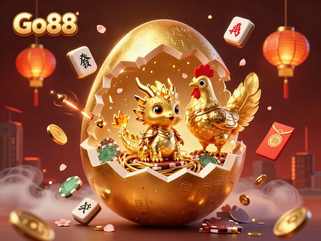 Experience Go88's gambling excitement with a golden dragon surrounded by floating casino elements.