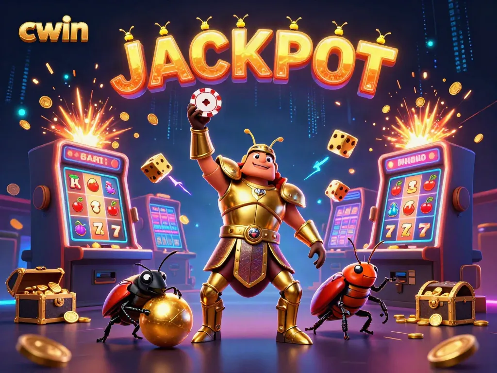 Cwin features a dynamic 3D cartoon scene with a gladiator beetle celebrating a jackpot in vibrant casino settings.