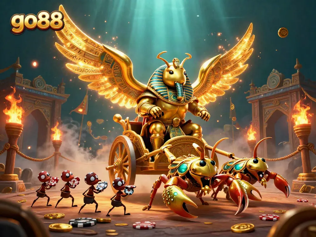 Experience thrilling gameplay with go88, featuring a colossal golden scarab chariot and poker chip battles.