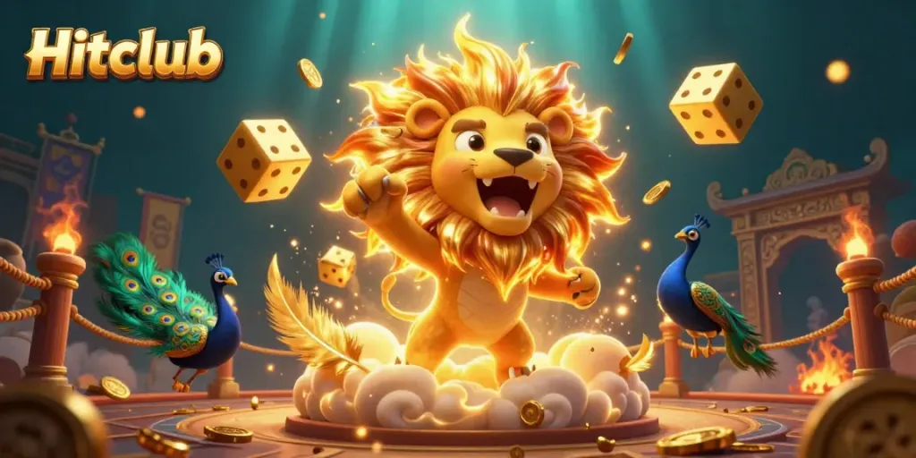 Experience thrilling gaming with Hitclub in an immersive golden scene of roaring lion and dynamic casino elements.