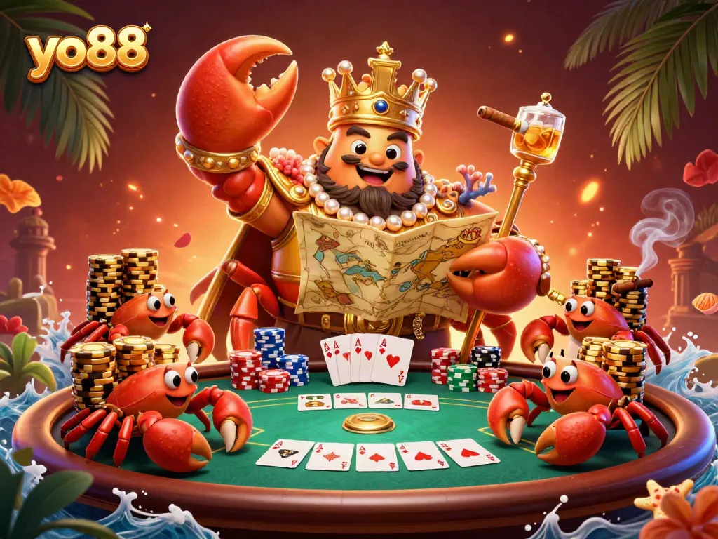 Experience the fun of yo88 with a golden crab emperor amidst vibrant casino elements.