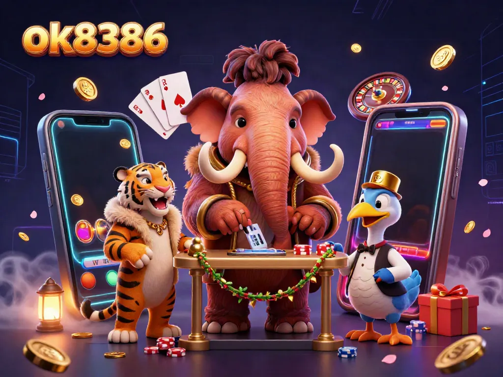 Experience the vibrant energy at ok8386 with a casino-style scene featuring dynamic characters and gaming elements.
