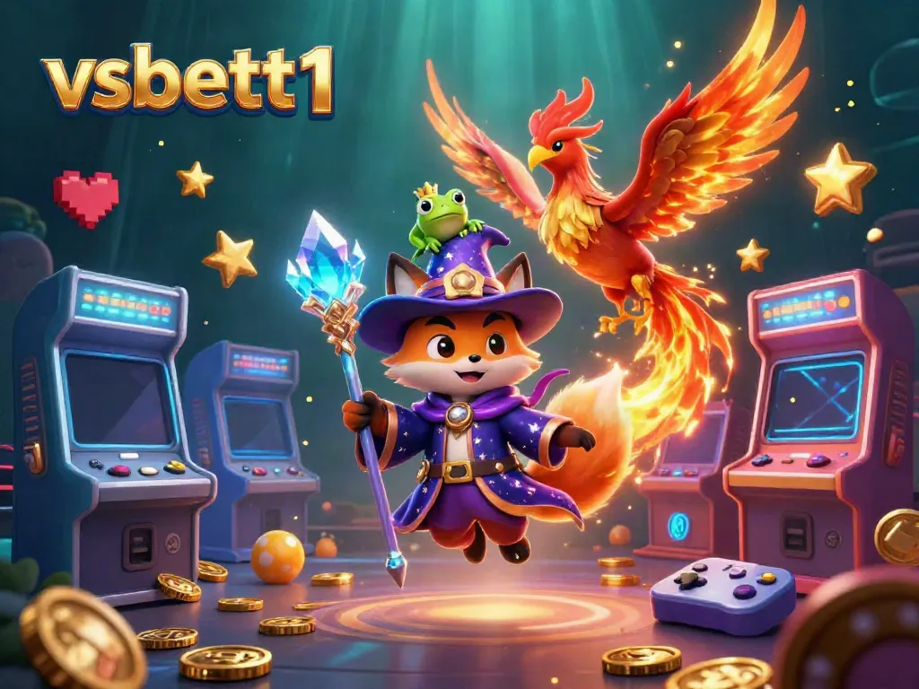 Experience the exciting world of vsbett1 with a magical wizard fox and phoenix in a vibrant casino scene.