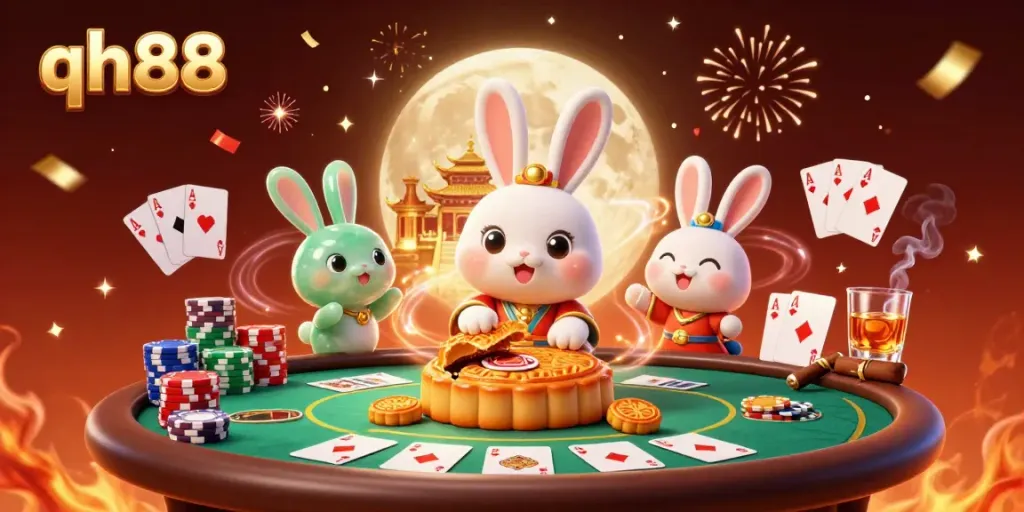 Experience high-stakes fun at qh88 with vibrant 3D casino-themed artwork featuring the moon rabbit.