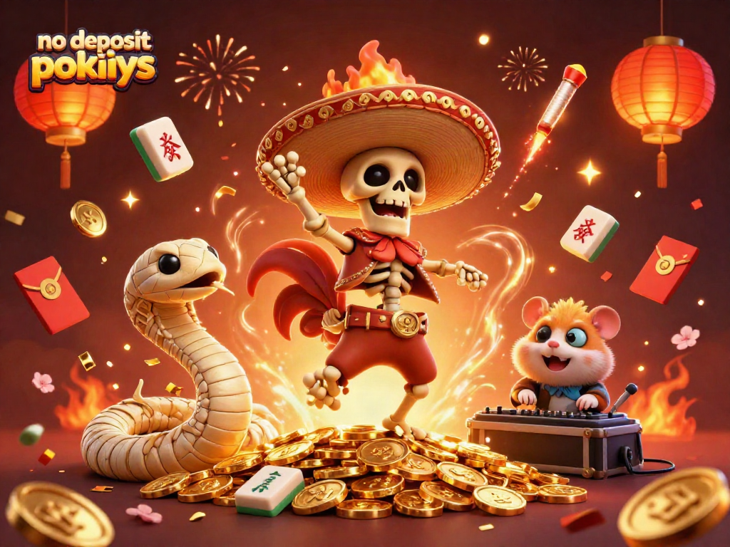 No deposit pokies excitement with 3D cartoon characters celebrating over golden coins and vibrant decorations
