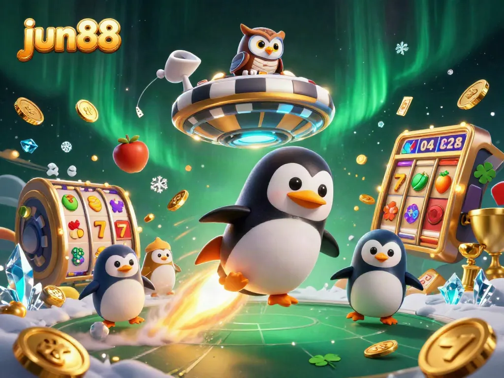 Experience the thrill of Jun88's vibrant casino world with a golden penguin and dynamic elements.