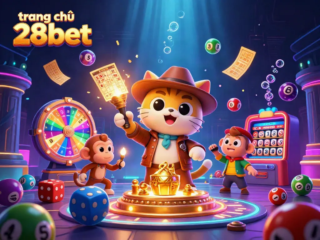 Experience exciting wins at trang chủ 28bet with a cat explorer discovering treasures in a casino-themed illustration.