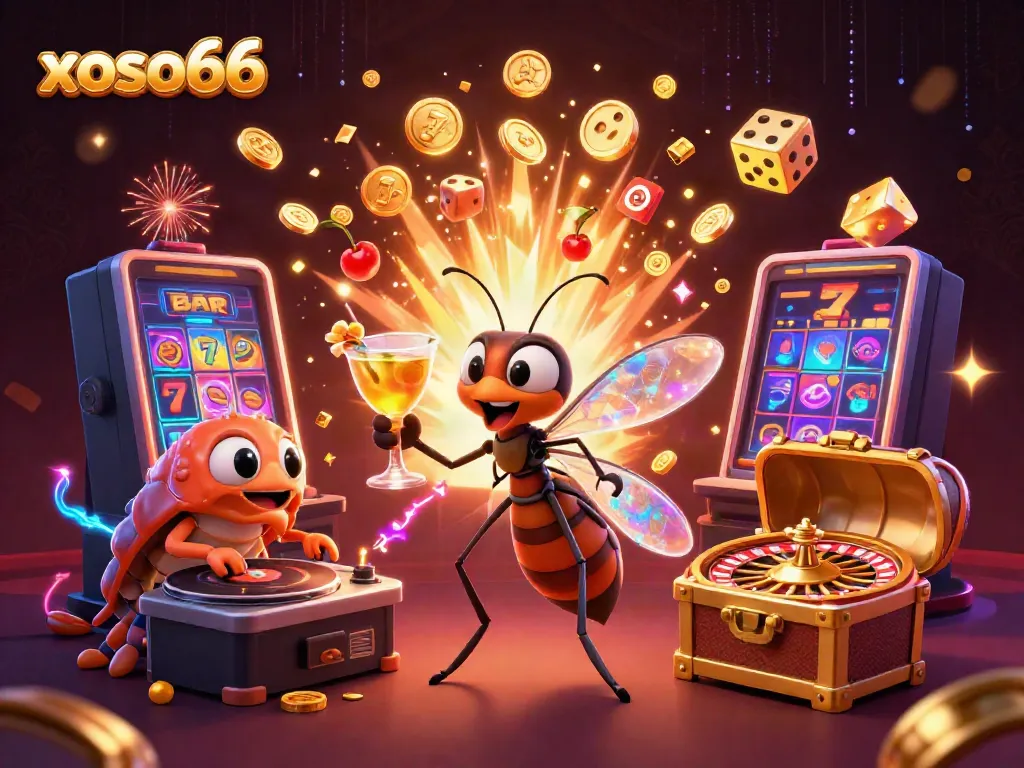 Experience the excitement of xoso66 with a lively casino scene featuring a unique mosquito mascot and animated game symbols.