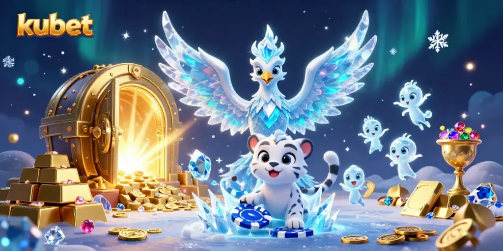 Experience thrilling kubet gaming adventures with a vibrant illustration of an ice phoenix and treasure.
