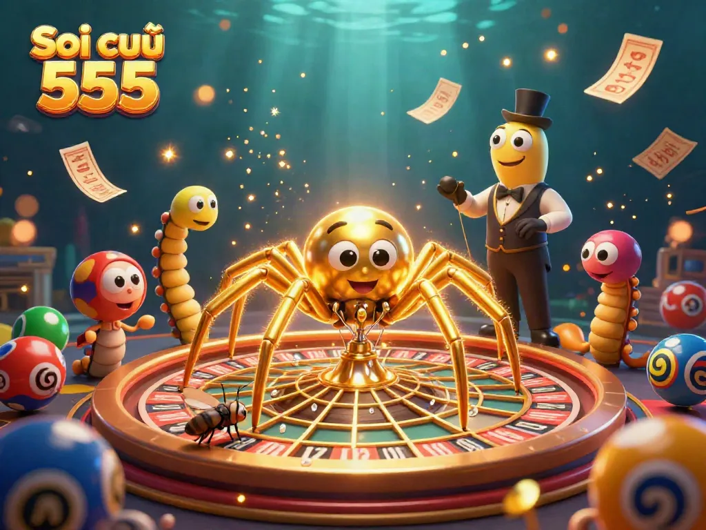 Engage with Soi cầu 555 as the golden spider spins a roulette wheel web, enticing bets in a vibrant lottery atmosphere.