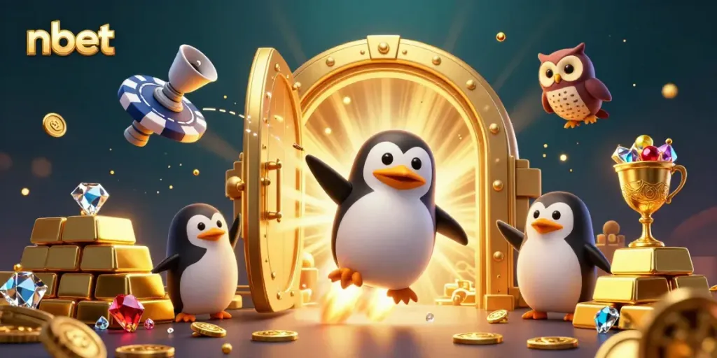 Experience the thrill of nbet as a penguin rockets to a casino station, surrounded by treasure.