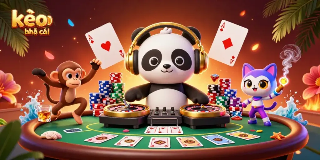 Experience kèo nhà cái excitement with a DJ panda, breakdancing monkey, and rave kitten in a vibrant casino scene.