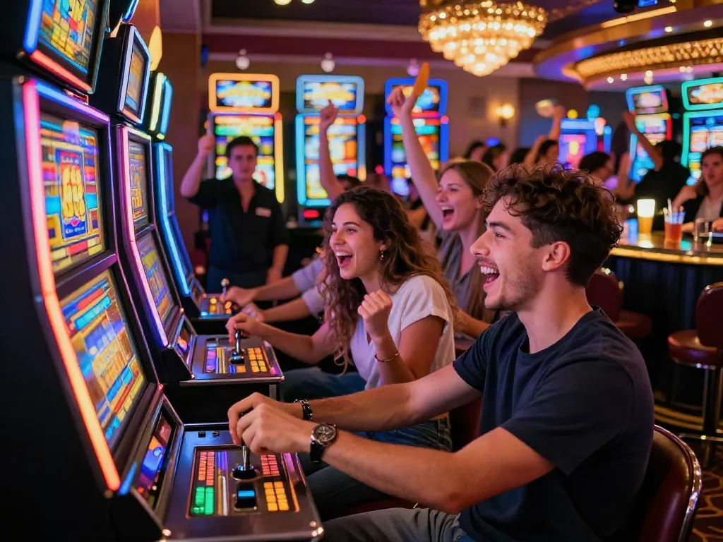 Exciting group of friends playing slot88 machines in a vibrant casino.