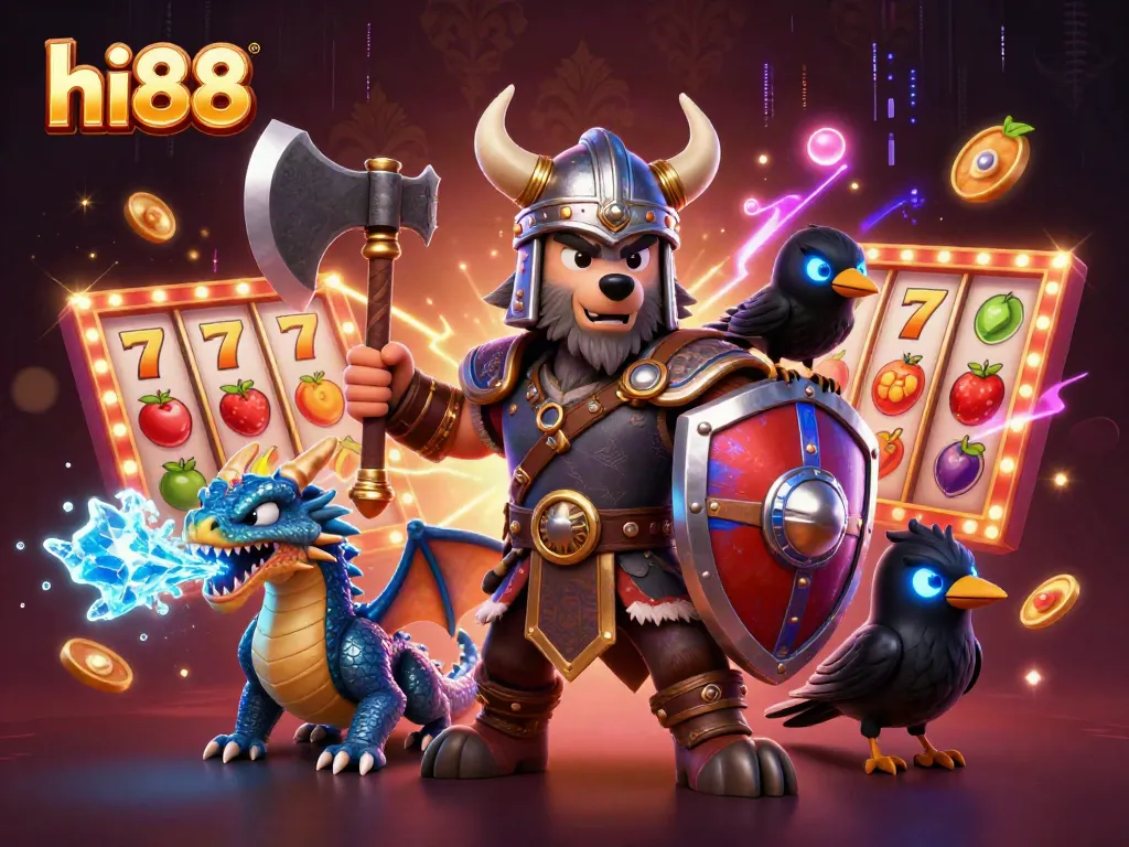 hi88 showcases a vibrant 3D casino scene with slot reels, a Viking wolf warrior, and a fierce dragon.