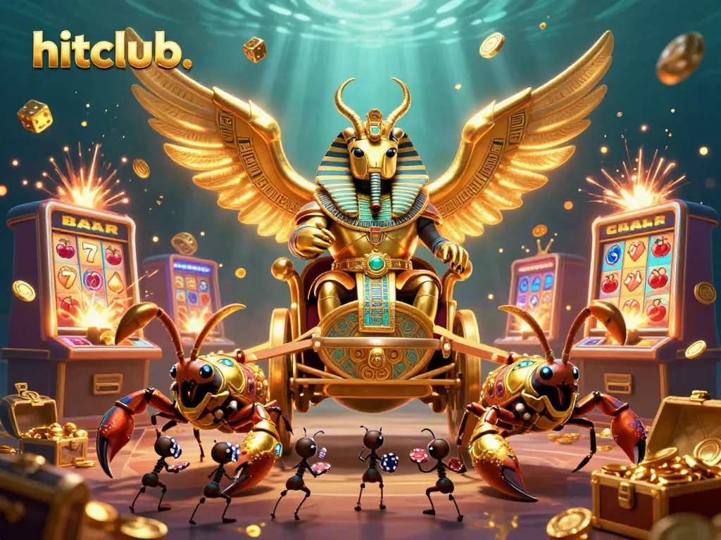 Experience the excitement of hitclub with a vibrant 3D illustration showcasing a golden scarab beetle surrounded by casino elements.