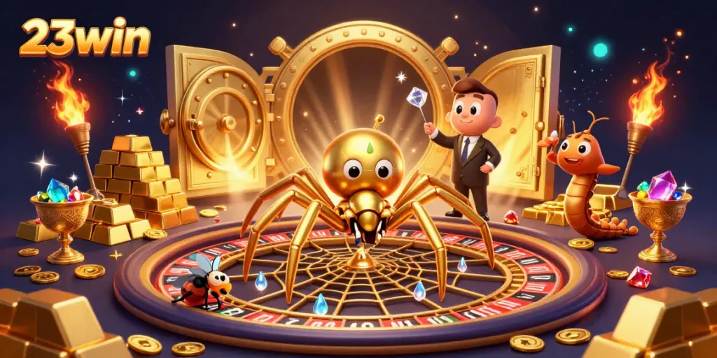 Exciting 23win gaming scene with a golden spider and fly engaging in thrilling roulette action.