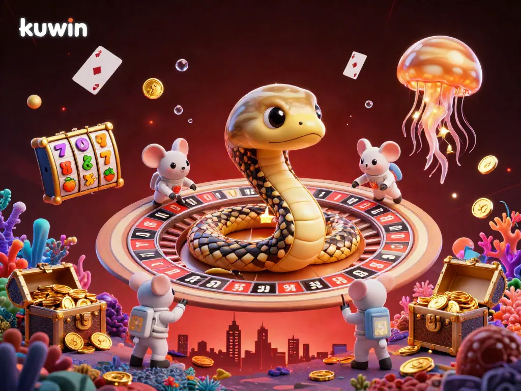 Kuwin's vibrant casino scene with a Saturn ring snake and astronaut mice betting on a roulette wheel, showcasing thrilling gaming elements.