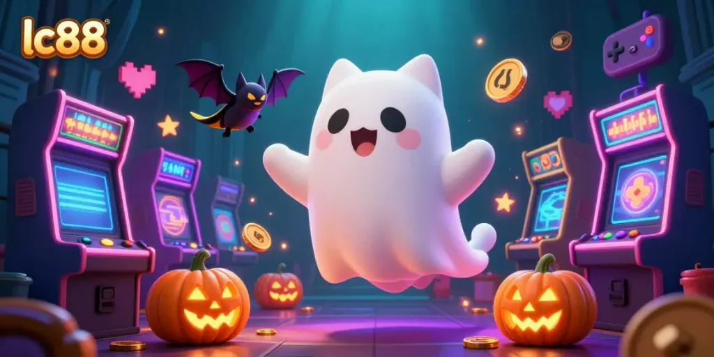 Engage with lc88's playful ghost cat and vibrant casino elements in a captivating gaming illustration.