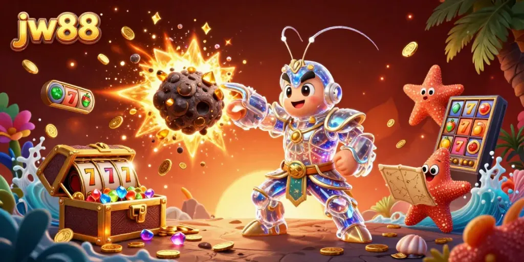 Experience thrill with jw88 as the mantis shrimp reveals a jackpot of gems and coins in this vibrant casino scene.