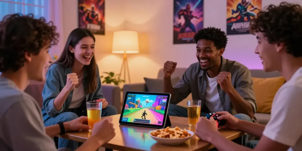 Individuals enjoying GARUDA404 gaming session with vibrant graphics and snacks, creating a fun atmosphere.