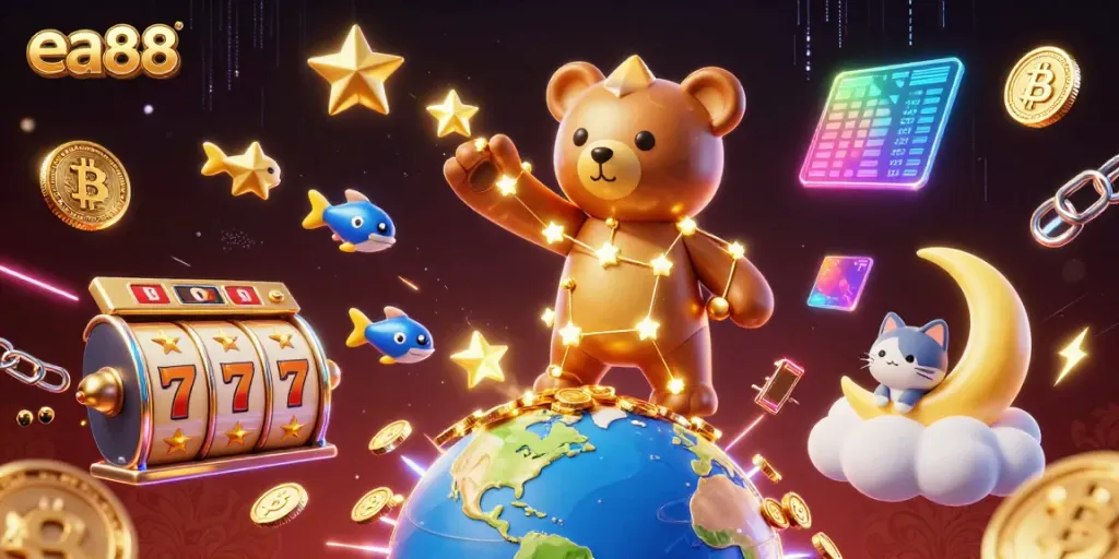 Engage with ea88's thrilling interactive experience as a constellation bear scoops coins in a dynamic casino setting.