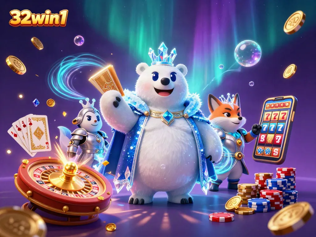Experience the thrill of 32win1 with a vibrant casino scene featuring dynamic characters and gaming elements.