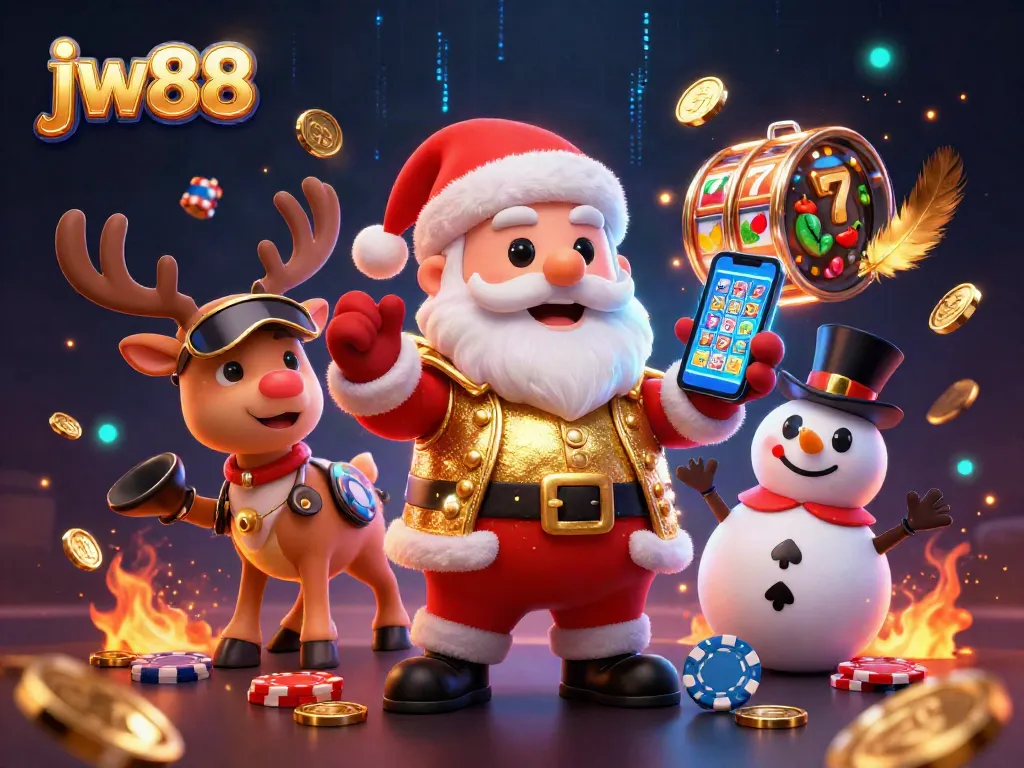 Spin the slots and win big with jw88, featuring Santa and friends in a lively casino scene.