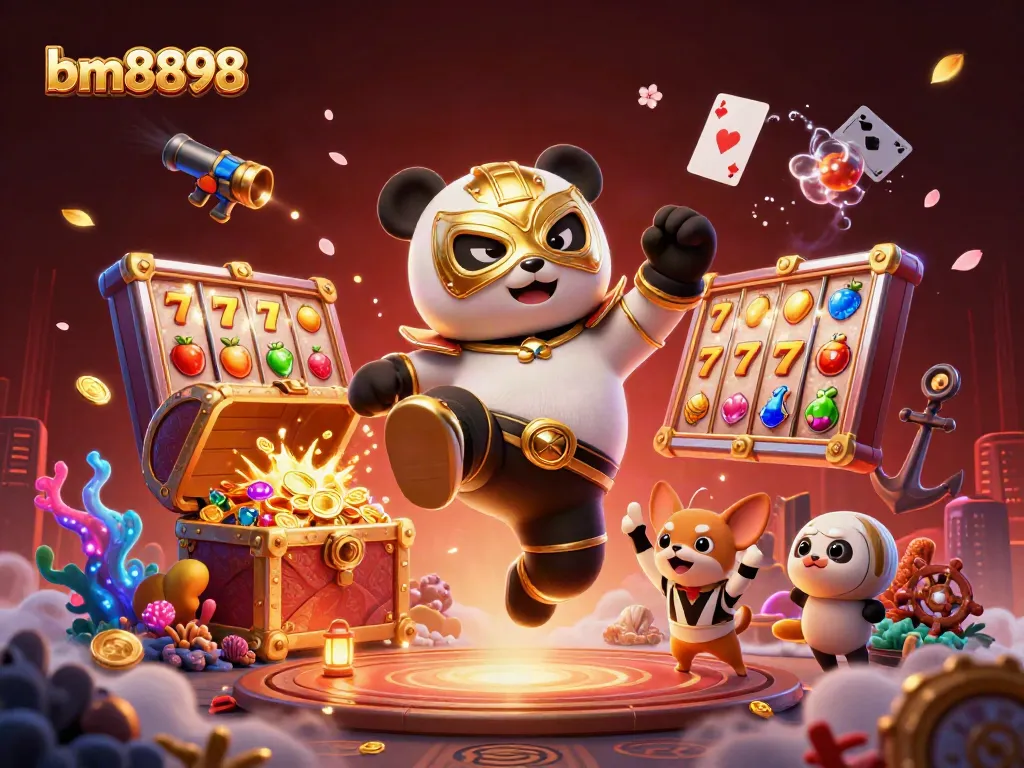 Engage in dynamic casino excitement with bm8898's vibrant illustration of action-packed slots and animal characters.