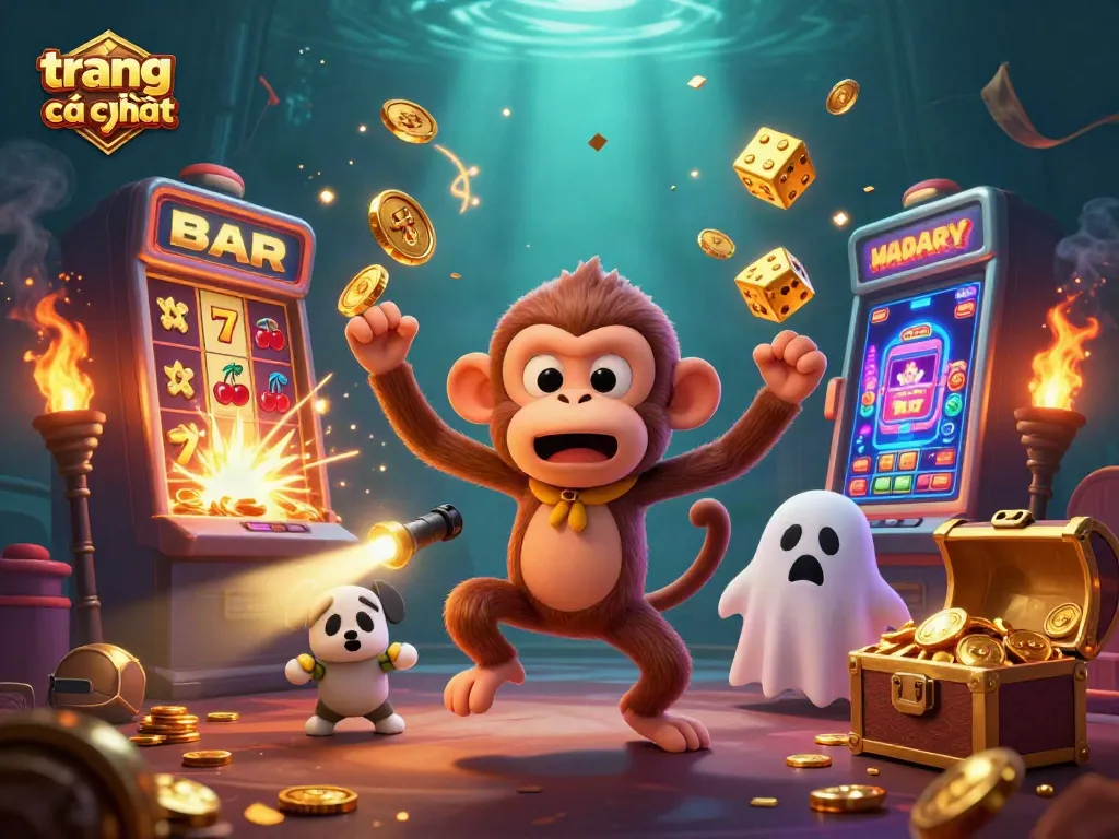 Engage with the fun of trang cá cược uy tín featuring a mischievous monkey and ghost-hunter puppy in an exciting casino scene.