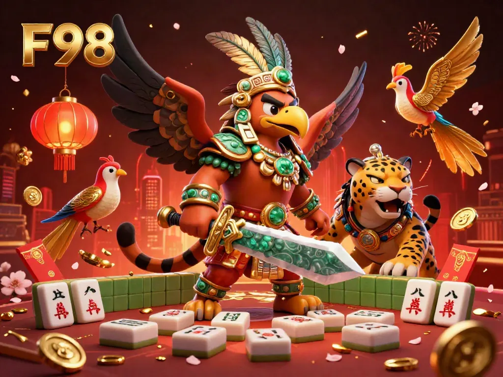 F98 themed casino illustration showcasing Aztec characters amidst vibrant gambling elements in a festive atmosphere.