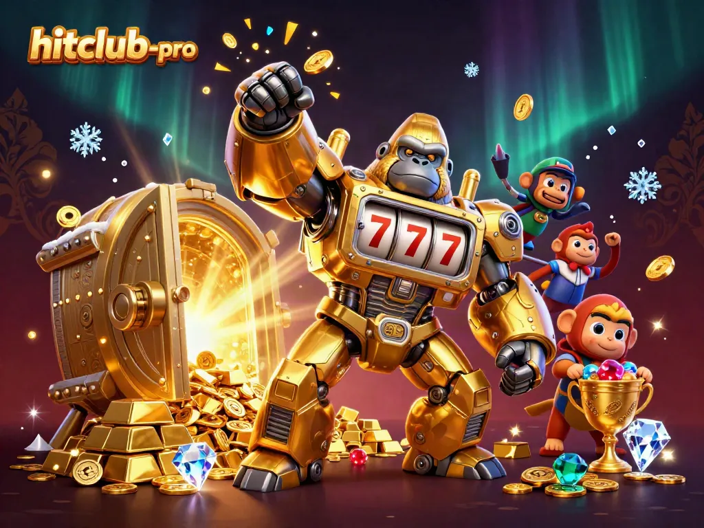 Experience the excitement of hitclub-pro with a dynamic 3D illustration of a golden gorilla mech and treasure.
