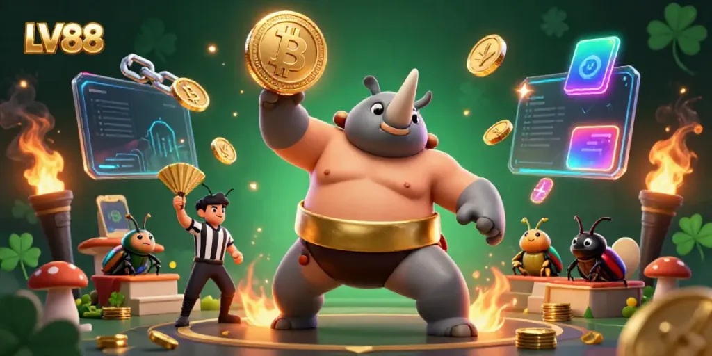 LV88 offers a dynamic scene of a rhino beetle champion and gold coins flying at a casino.